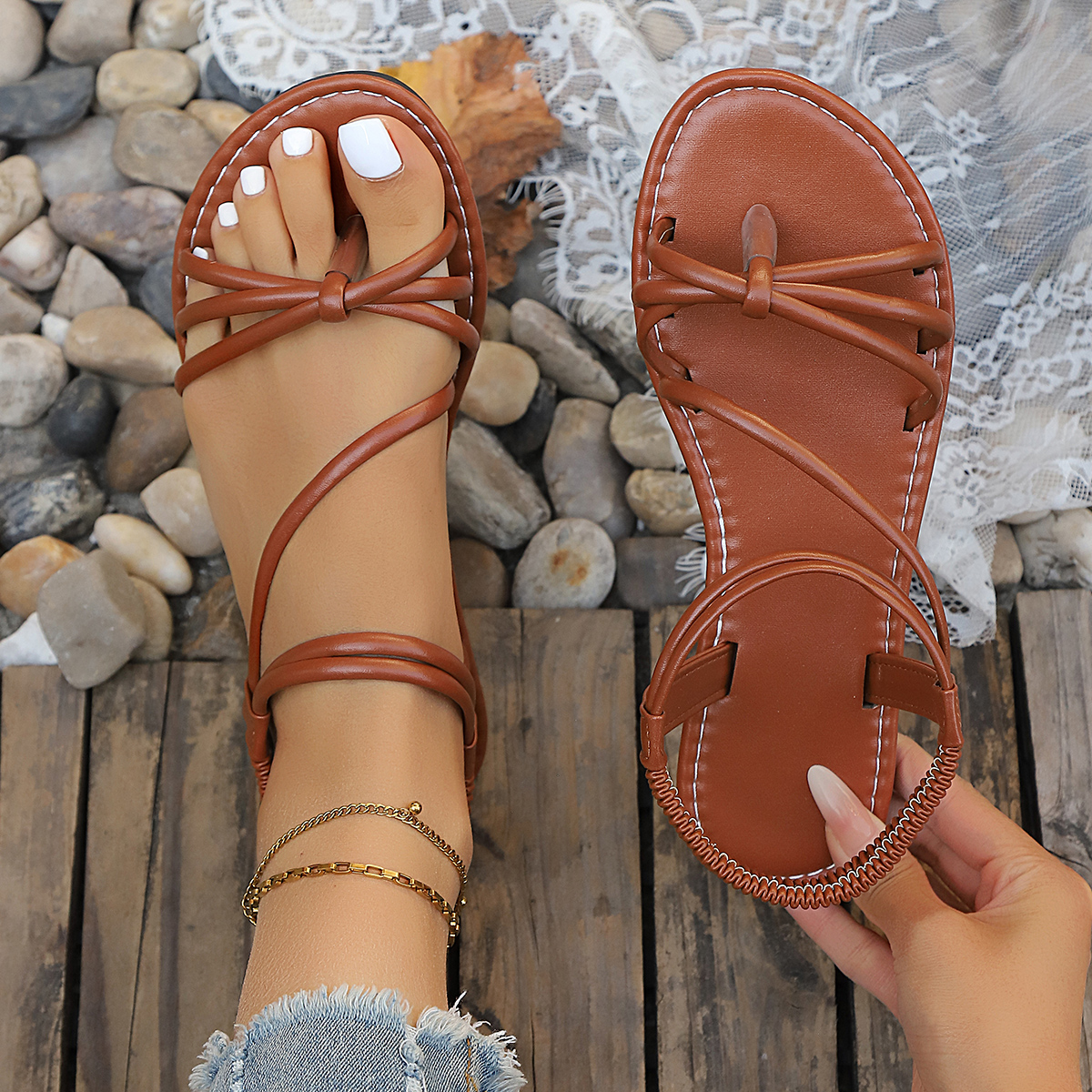 Elastic Waistband Roll - 2026 Summer Women's Brown Thong Sandals