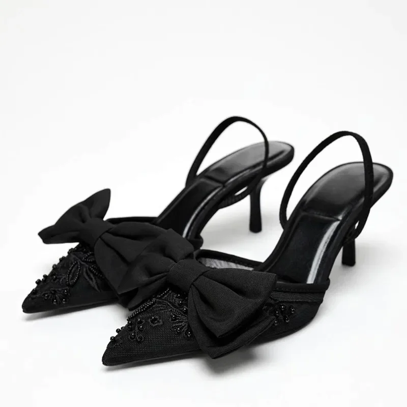 Elastic Waistband Roll - Black Mesh String Beads Heeled Sandals