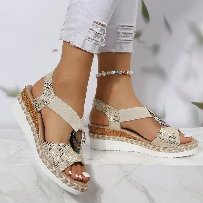 Metal Buckle Wedge Sandals for - مراجعة Elastic Waistband Roll وسعره